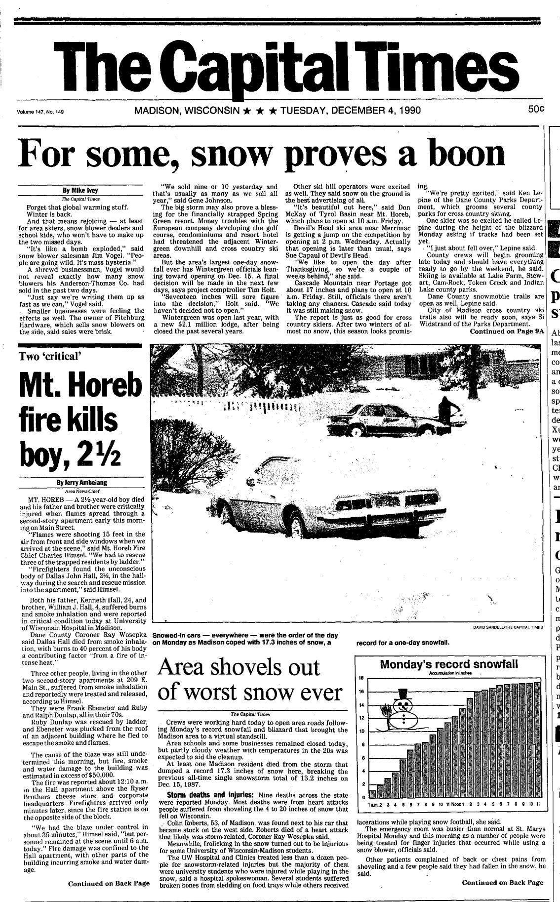 Capital Times front page Dec. 1990 snowstorm